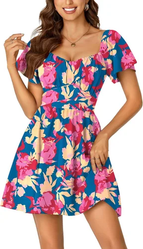 Vista 29 de Rooscier Minivestido acampanado de manga corta con volantes, cuello cuadrado, envolvente y espalda anudada para mujer
