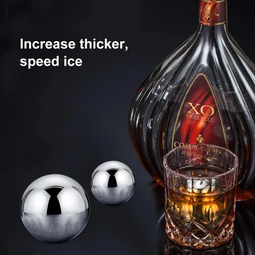 Vista 6 de Piedras de whisky, 2 piezas de cubitos de hielo de metal reutilizables, bolas de whisky redondas de acero inoxidable, bolas de whisky esféricas