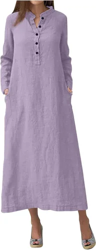 Vista 7 de Maxi vestido largo liso para mujer, de algodón caftán, manga larga, vestido de gran
