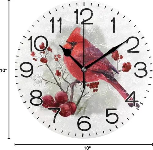 Vista 8 de ALAZA Reloj de pared cardenal de pájaro rojo de invierno, funciona con pilas, sin tictac, de cuarzo, analógico, rústico, rústico, reloj redondo