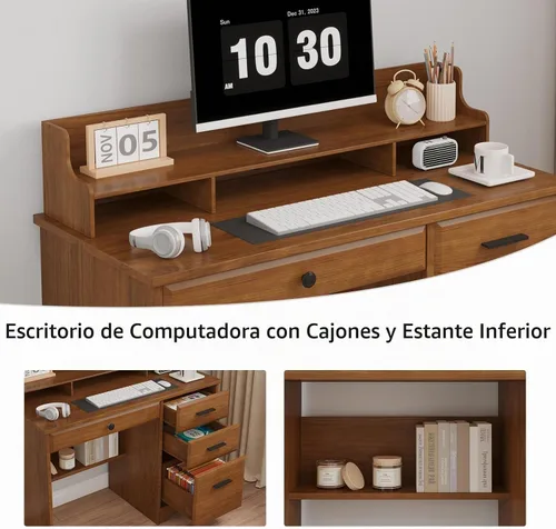 Vista 4 de 4 EVER WINNER - Escritorio para computadora con cajones para espacios pequeños, escritorio de madera con gabinete de archivos y soporte