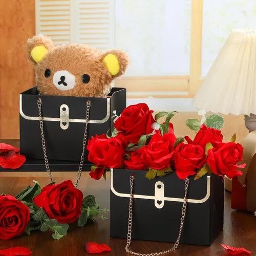 Vista 3 de Lincia 12 cajas de flores negras para boda, bolsa de regalo de flores negras, cajas de ramo con asas para arreglos, papel de regalo de ramo