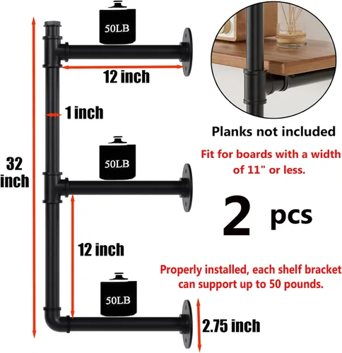 Vista 3 de Soportes de Tubo para Estantes Industriales de Montaje en Pared, Estantería Abierta de Tubo Negro para Cocina, Soportes de Estante Flotante