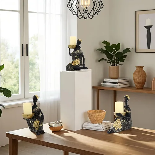 Vista 4 de Lescafita Juego de 3 Portavelas de Dama Africana – Figuras de Resina con Cuencos Dorados para Velas de Té o Velas de Pilar Pequeñas – Estatuas