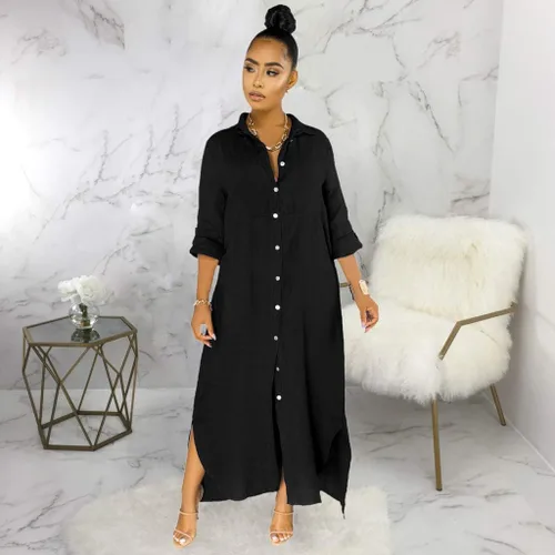 Vista 5 de Vestido largo tipo camiseta para mujer, holgado, con botones, manga larga, con abertura, para novio