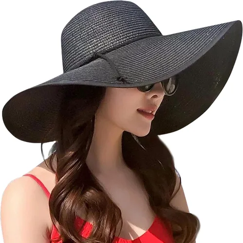 Vista 7 de Lanzom - Sombrero de paja con ala ancha para mujer, plegable, enrollable, de playa, con protección solar UPF 50+ Beige