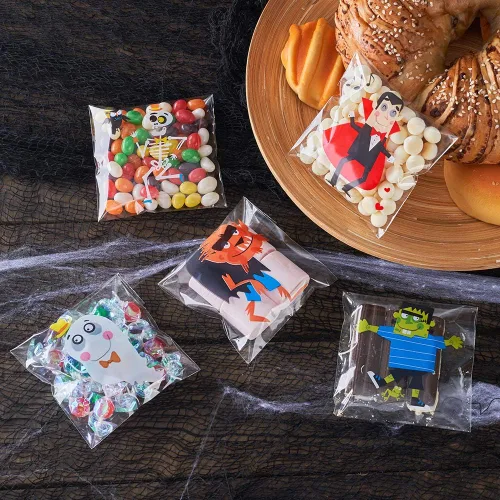 Vista 6 de CCINEE 200 bolsas de golosinas de Halloween, bolsas transparentes autoadhesivas para dulces, bolsas de plástico de celofán para galletas, regalos