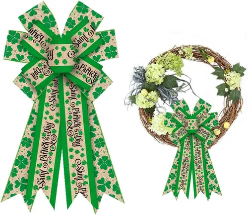 Vista 7 de Estivaux Arcos grandes del día de San Patricio para corona, lazos de corona de trébol irlandés, lazos de hojas de trébol verde, lazos de arpillera