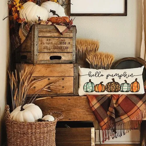 Vista 6 de Fundas de almohada de otoño de 12 x 20 pulgadas, diseño de leopardo, acuarela, Hello Pumpkin, para otoño, para decoración de otoño