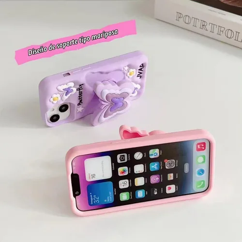 Vista 6 de Funda compatible con iPhone 11, linda funda 3D Kawaii divertida de dibujos animados con soporte de mariposa rosa para mujeres y niñas, protector