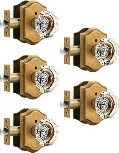 Vista 28 de Gobrico Juego de pomos de puerta de vidrio transparente para interiores, cerradura de puerta de cristal de diamante de privacidad en latón antiguo