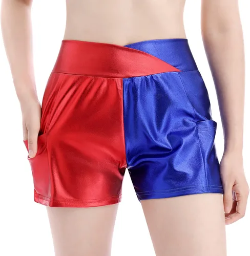 Vista 3 de ODASDO Pantalones cortos metálicos para mujer, cintura alta, pantalones con bolsillos, disfraz de Halloween, baile, fiesta, club