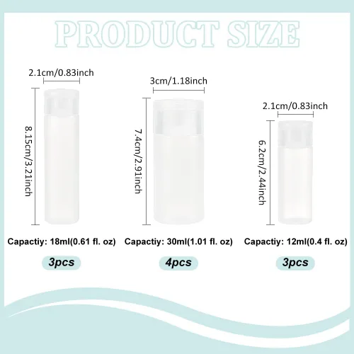 Vista 2 de BENECREAT 10 botellas de 12 ml/18 ml/30 ml de plástico para artículos de aseo de viaje, botellas con tapa abatible, recipientes de muestra