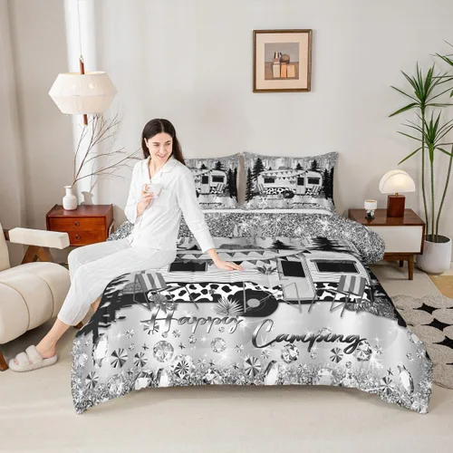 Vista 14 de Juego de ropa de cama con temática de cámper, juego de edredón de cabaña de madera marrón y verde, tamaño matrimonial, 3 piezas, decoración de Multi