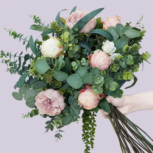 Vista 2 de Hojas artificiales de eucalipto de dólar plateado a granel, tallos y ramas sintéticas para ramos de florero, arreglos florales, corona, decoración