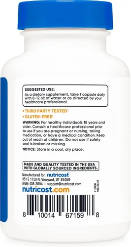 Vista 5 de Nutricost Quelato de zinc de 50 mg, 120 cápsulas vegetarianas, sin gluten y sin OMG