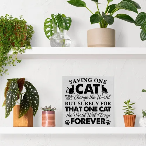 Vista 6 de Cartel de madera rústico para amantes de los gatos, decoración de escritorio, Saving One Cat Will Not Change the World, letrero de madera