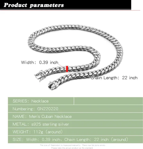 Vista 3 de Dankadi Italia Design - Collar de plata de ley 925 maciza de eslabones cubanos Miami para hombre, eslabones cubanos de 0.394 in, 22-24-26 pulgadas
