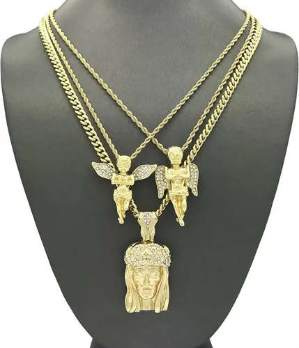 Vista 2 de Shiny Jewelers USA Juego de collar de cadena con colgante de Jesús dorado para hombre, manos rezando, Ankh, cruz, ángel hip hop