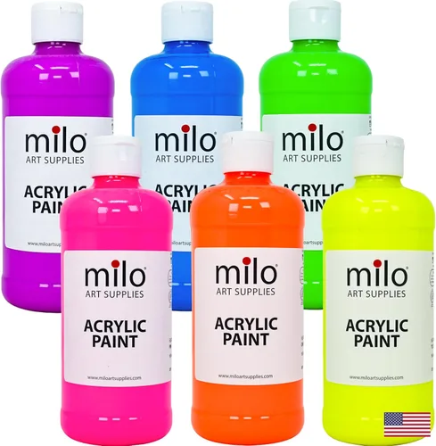 Vista 12 de milo Juego de 6 pinturas acrílicas fluorescentes Botellas de 4 onzas Paquete de pintura acrílica de colores neón para estudiantes Hecho