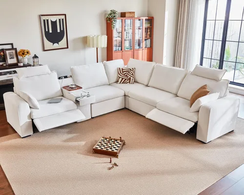 Vista 50 de Sofá reclinable eléctrico de 102.8 pulgadas con reposacabezas, sofá reclinable modular Cloud de gran tamaño con mesa, cajón de almacenamiento
