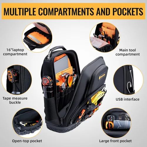 Vista 3 de Mochila de Herramientas Resistente, Mochila Bolsa de Herramientas para Hombres Impermeable Tela Oxford con Base de Plástico, 19 Pulgadas Gran