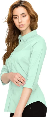 Vista 4 de Made By Johnny MBJ Womens Solide 34 Sleeve Stretchy Button Down Collared Office Formal Casua Blouse S3XL