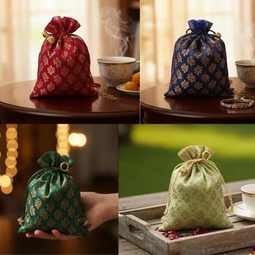 Vista 8 de Touchstone Hermosas bolsas de regalo reutilizables, respetuosas con el medio ambiente, con cordón grande, patrón de hojas de mimosa, brocado