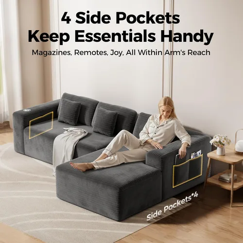 Vista 7 de CAMMOO Sofá seccional Cloud de 108 pulgadas, sofá seccional modular moderno con asiento profundo, sofá de pana sin estructura rígida con diván, sofá