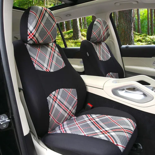 Vista 3 de TLH Fundas universales para asientos de automóvil Tartan57 estampado a cuadros beige, juego completo de fundas para asientos en tela plana