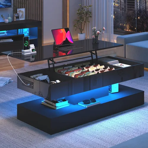 Vista 11 de 39.4" Mesa de café grande con tapa elevable, modernas mesas de café LED de alto brillo para sala de estar con almacenamiento, mesas de salón negras