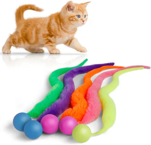 Vista 7 de SHENGSEN Pelota que Rebota con Cola Juguetes para Gatos-5 Paquetes, Gusano Mágico con Juguete de Pelota Grande y Colorida para Gatos, Pelotas que