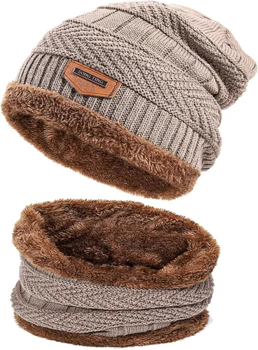 Vista 9 de Conjunto de bufanda y gorro de invierno, gorro cálido con forro polar, gorro de punto grueso para hombres y mujeres Negro