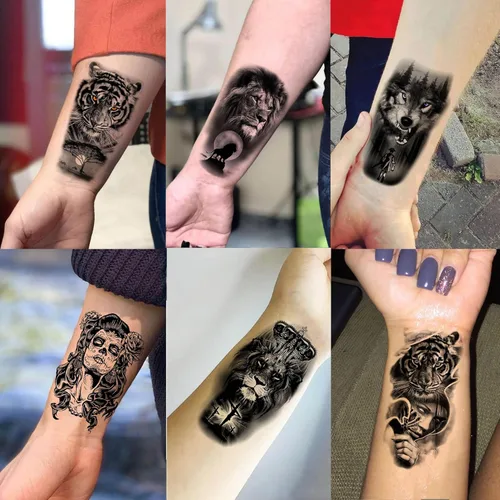 Vista 3 de 60 hojas de tatuajes temporales 3D de león y tigre geniales para hombres y mujeres, tatuajes falsos pequeños y aterradores de diablo, calavera