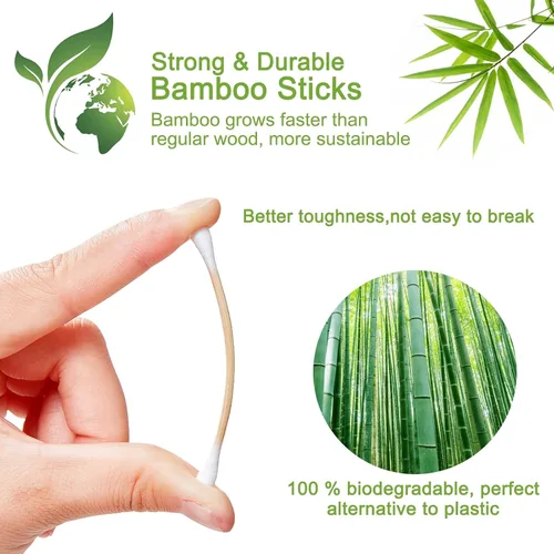 Vista 3 de 800 Hisopos de Algodón de Bambú - Bastoncillos de Algodón Orgánico Natural con Puntas Dobles, Hipoalergénicos, Hisopos Biodegradables para Limpieza