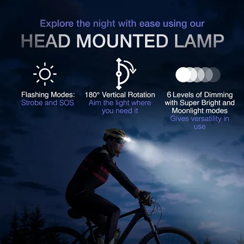 Vista 4 de Linterna frontal recargable, 1850 lúmenes, luces de cabeza ultra brillantes para la frente. Impermeable, ligera, de aluminio, batería de 3500 mAh
