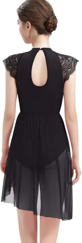 Vista 3 de ODASDO Elegante vestido de baile lírico para mujer, manga casquillo de encaje, falda de tul asimétrica, leotardo, disfraz contemporáneo, XS-XL