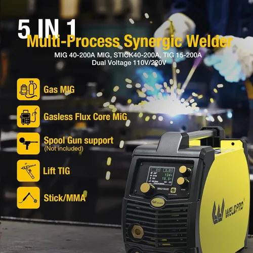 Vista 2 de Weldpro Soldador MIG de 200A, Soldador MIG de Núcleo de Flujo 110V/220V/MMA/TIG/Stick 5 en 1 Máquina de Soldadura con Temporizador de Puntos
