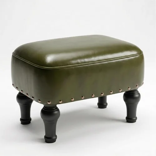 Vista 11 de Cmishe Reposapiés otomano de cuero, reposapiés vintage, asiento tapizado de espuma gruesa, reposapiés de madera, banco para zapatos debajo del Negro