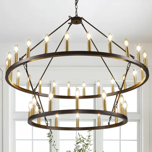 Vista 11 de Candelabro de granja de plata, lámpara de 12 luces con ruedas de carro, accesorio de luz para comedor, lámparas rústicas de isla de cocina GHDFGD-10