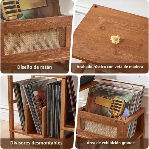 Vista 3 de LELELINKY Soporte para Tocadiscos, Soporte para Discos de Madera Marrón con Almacenamiento de Vinilo con Capacidad para hasta 300+ Álbumes, Mesa