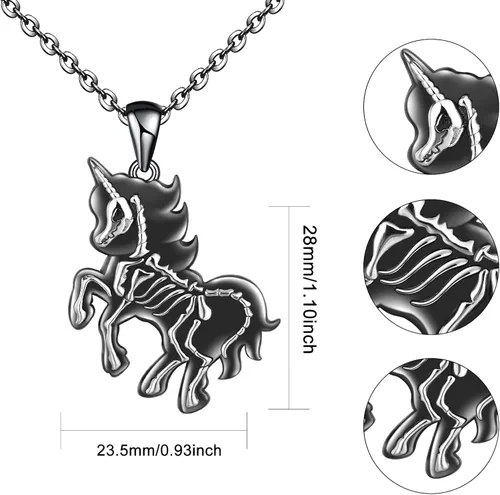 Vista 5 de Distance Collar con colgante de esqueleto de animal de plata de ley S925 negro, gato, perro, lobo, unicornio, dragón, regalo para el día
