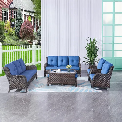 Vista 34 de HUMMUH Juego de 2 Sillas Giratorias Mecedoras de Mimbre para Patio Exterior, Juego de Muebles de Sillas Mecedoras de Ratán (Marrón, Azul) 50,000