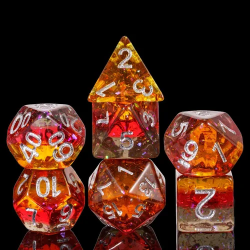Vista 23 de Juego de dados de resina para DND, juego de 7 dados poliédricos negros D&D rellenos con papel de colores brillantes para juegos de rol