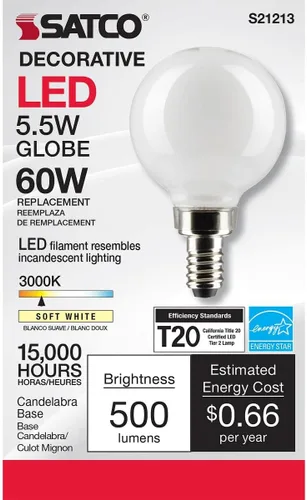Vista 3 de Satco Bombilla LED E12 de 5.5 W, 3000 K, clasificación de 15000 horas, regulable