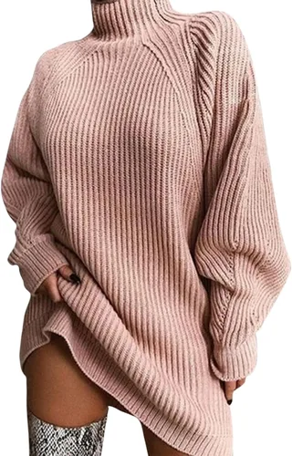 Vista 6 de Zaswen Vestido de punto trenzado para mujer, cuello alto, otoño, invierno, vestido de gran tamaño, casual, manga larga, trajes de moda