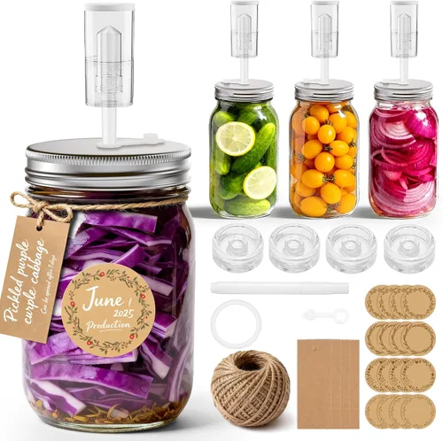 Vista 10 de Kit de fermentación de 4 unidades para todos los frascos Mason de boca ancha (cuatro tarros Mason de 32 oz incluidos), frascos de fermentación