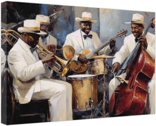 Vista 9 de SWQYLB Arte de pared con música afroamericana, pintura de banda de jazz, impresiones en lienzo abstractas negras con imágenes musicales para club