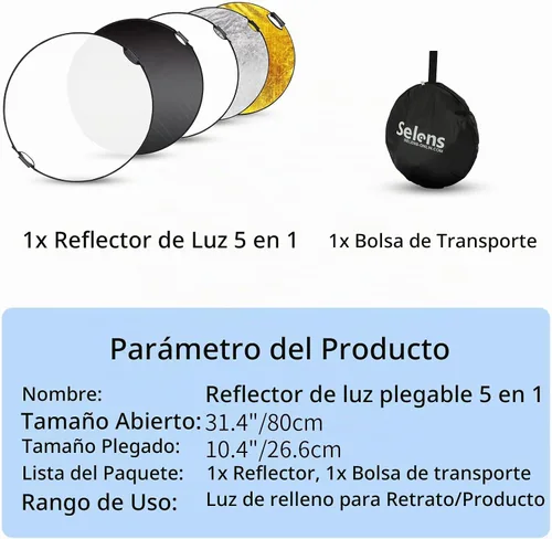 Vista 5 de Reflector con asa para fotografía, foto iluminación de estudio e iluminación para exteriores, 5 en 1. Selens. with Carrying Case, 5 in 1 Handle
