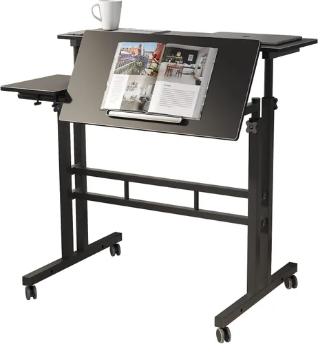 Vista 8 de DlandHome Escritorio para computadora, escritorio ajustable con ruedas, escritorio de pie, 31.5 pulgadas de largo x 23.6 pulgadas de ancho x 26.4 a